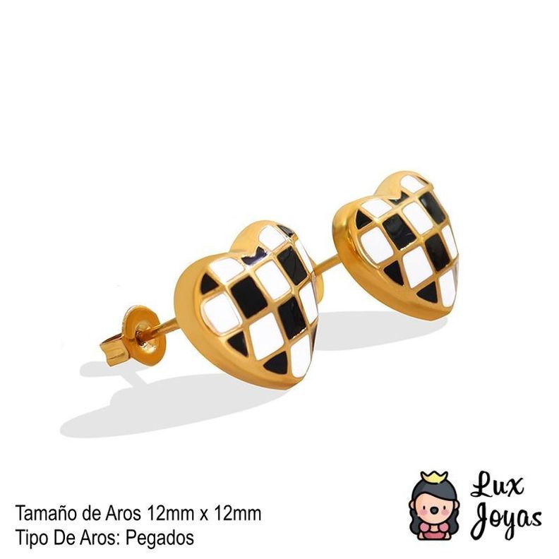Aros Baño Oro Amarillo 18k Pegados Corazón Ajedrez-3