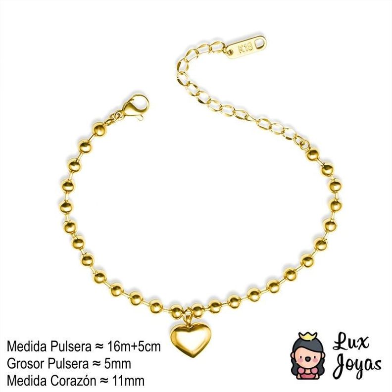 Pulsera Baño Oro Amarillo 18k Pelotitas Corazón-4