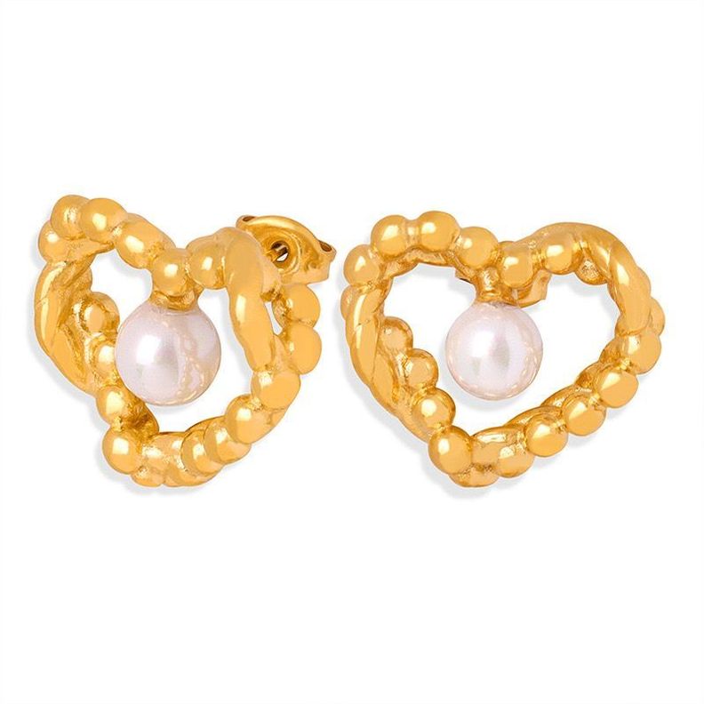Aros Bano Oro 18k Corazon Perla Dorado