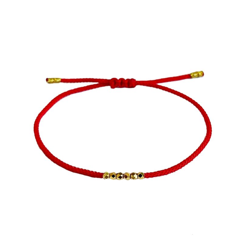 Pulsera Hilo Rojo 6 Pelotitas Diamantadas Oro Amarillo 18K-0