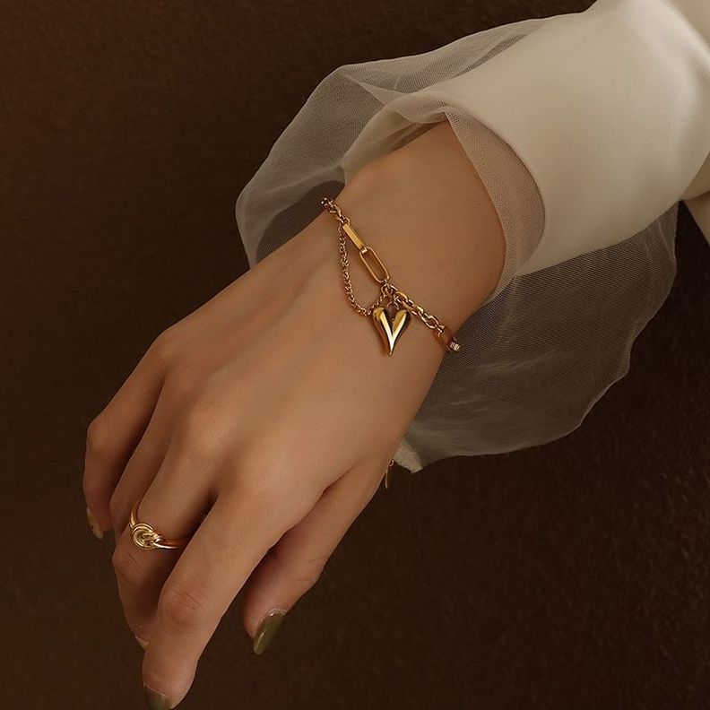 Pulsera Baño Oro Amarillo 18k Doble Diseño Corazón Cadena-2