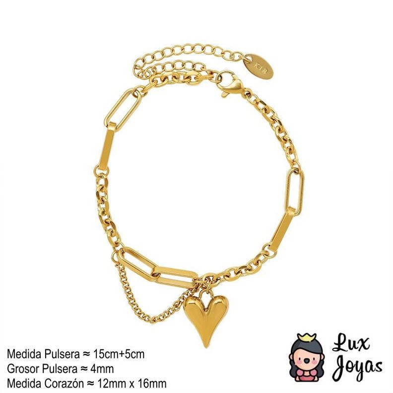 Pulsera Baño Oro Amarillo 18k Doble Diseño Corazón Cadena-3