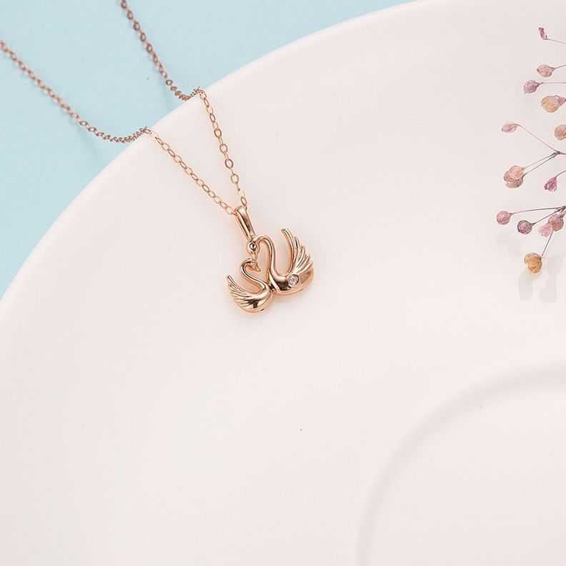 CADENA ESLABONES ORO ROSADO 18K COLGANTE PAREJA CISNE AMOR DIAMANTE 1 PUNTO-1