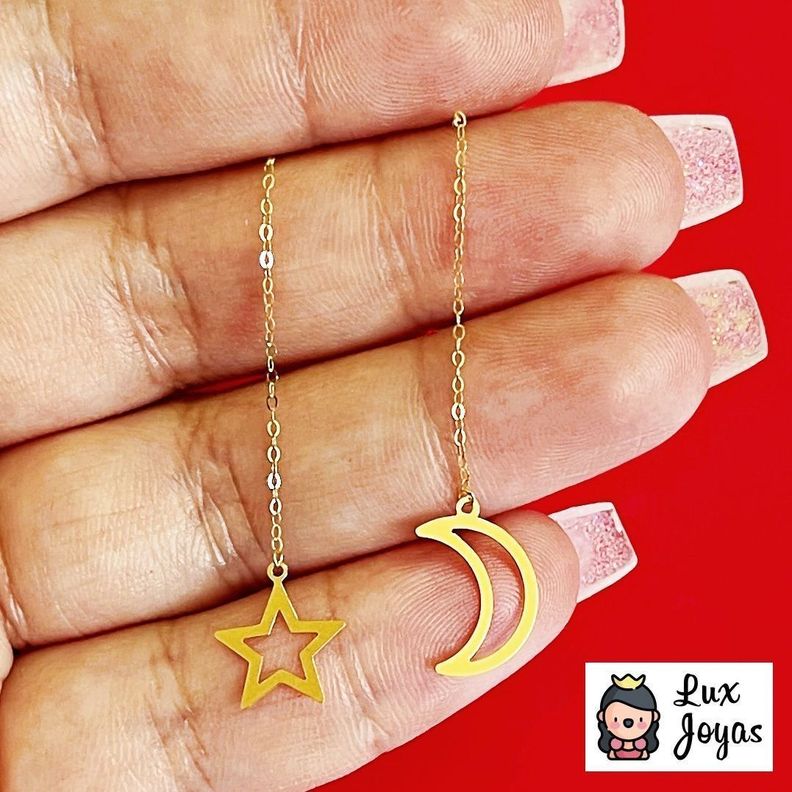 AROS LARGOS CADENA LUNA ESTRELLA ORO AMARILLO 18K-3
