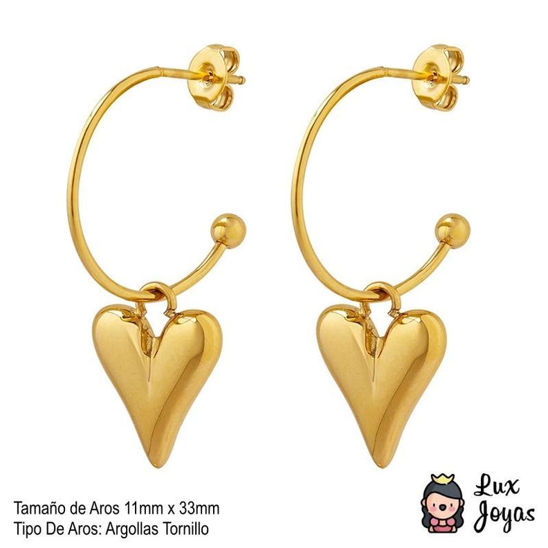 Aros Baño Oro Amarillo 18k Argollas Tornillo Corazón-4