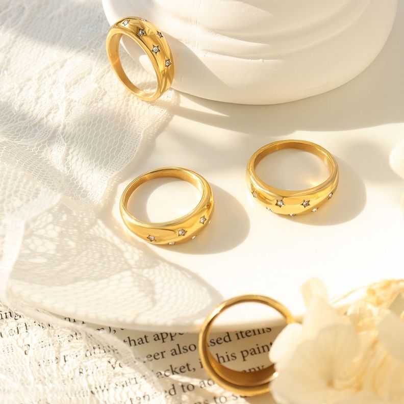 Anillo Baño Oro Amarillo 18k Cintillo Estrellas Circón Talla 13-2