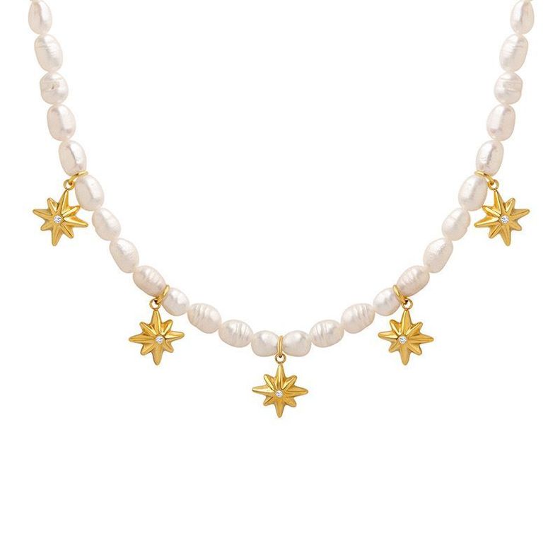 Collar Baño De Oro Amarillo 18k Perlas Agua Dulce Estrella Madi-0