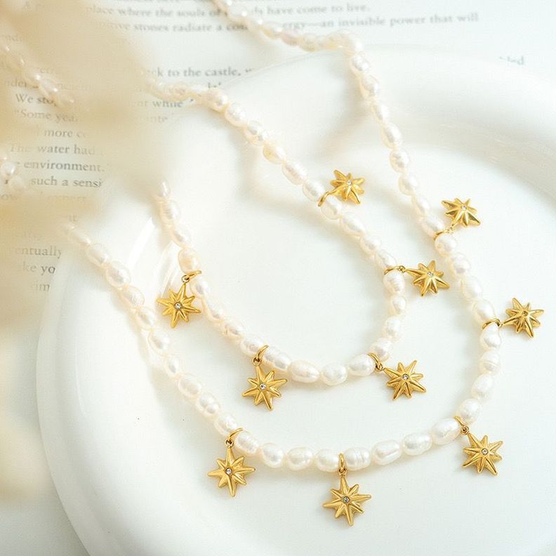 Collar Baño De Oro Amarillo 18k Perlas Agua Dulce Estrella Madi-1