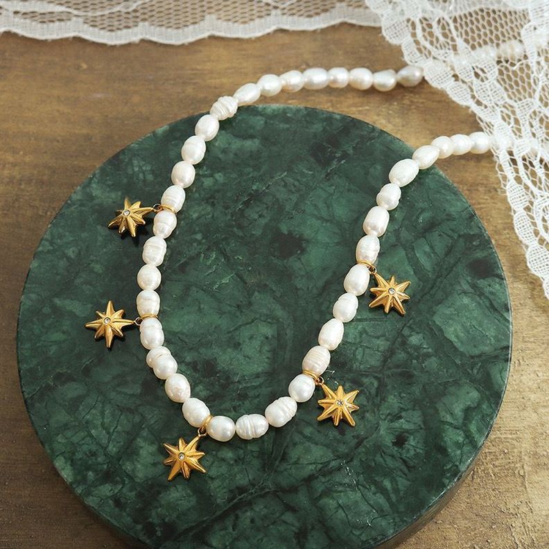 Collar Baño De Oro Amarillo 18k Perlas Agua Dulce Estrella Madi-2