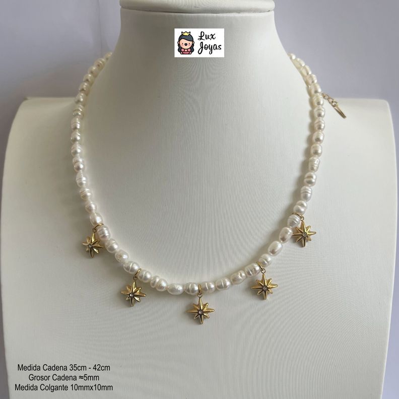 Collar Baño De Oro Amarillo 18k Perlas Agua Dulce Estrella Madi-4