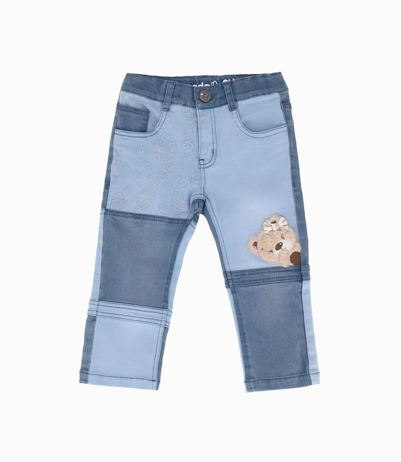 Jeans bebé patchwork con oso celeste Limonada-0