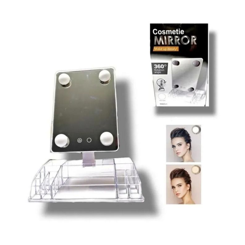 Espejo Luz Led Con Organizador Acrilico De Maquillaje -3