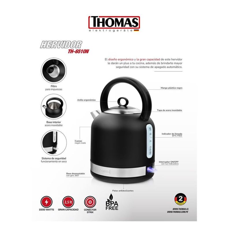 HERVIDOR NEGRO MATE THOMAS TH-6510N-1