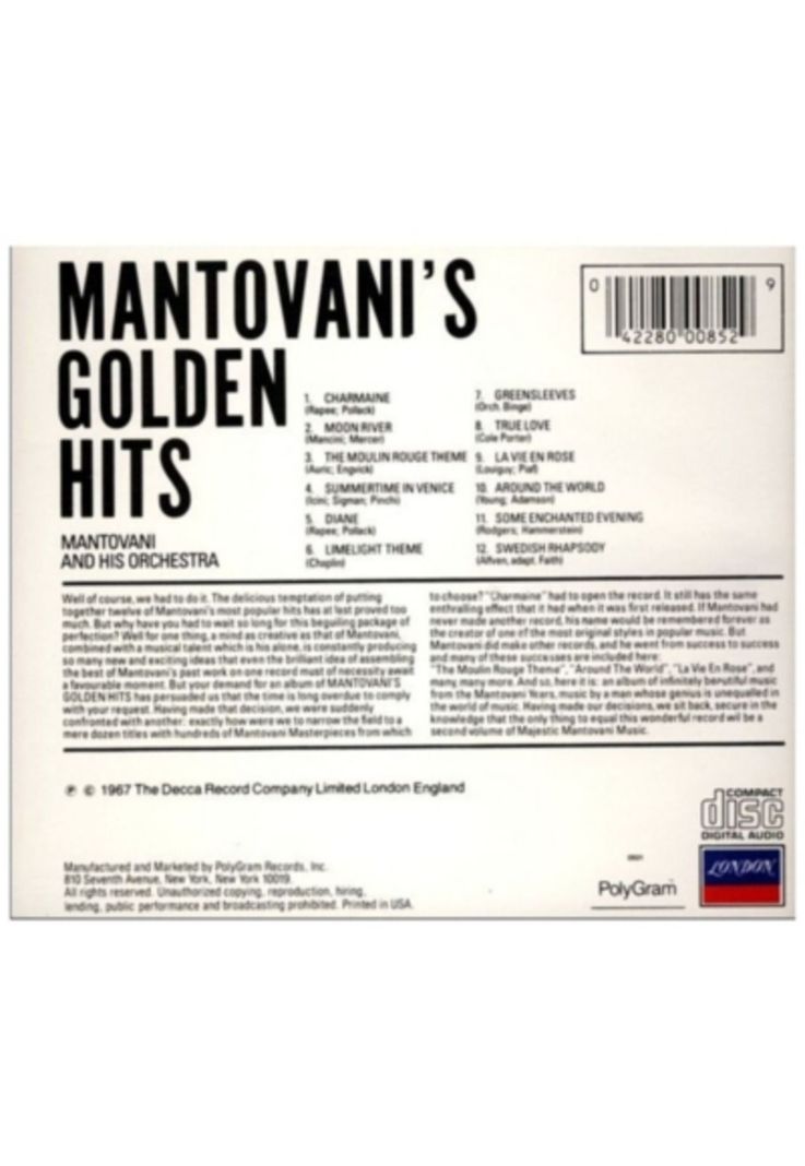 MANTOVANI HIS ORCHESTRA - GOLDEN HITS CD-1