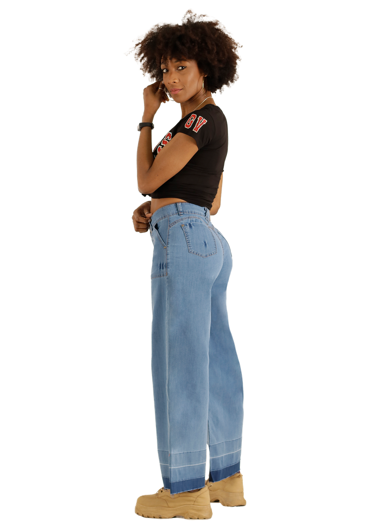 Jeans One World, Palazzo,Tiro alto, celeste, jennifer-1