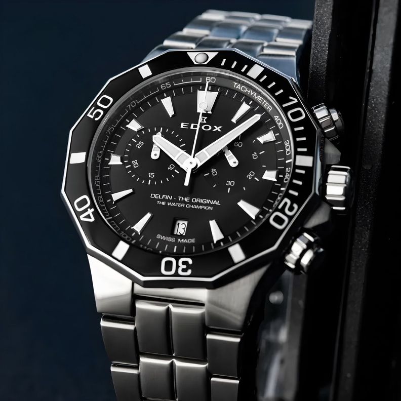 Reloj Edox Delfin The Original Chronograph Acero Esfera Negra Hombre-1