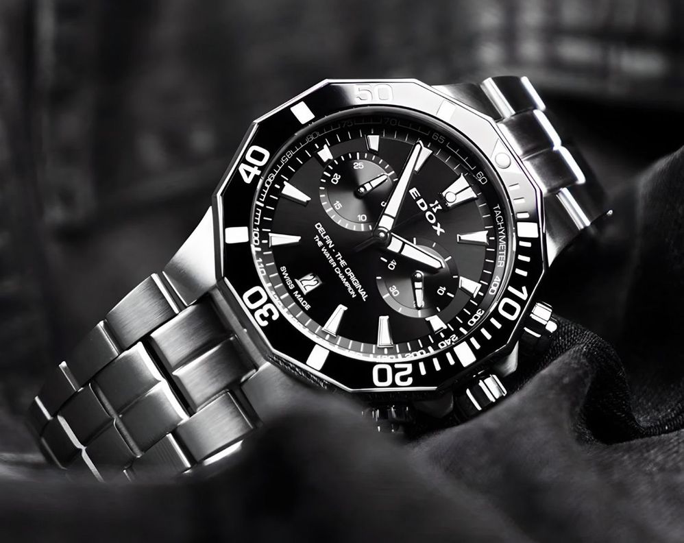 Reloj Edox Delfin The Original Chronograph Acero Esfera Negra Hombre-2
