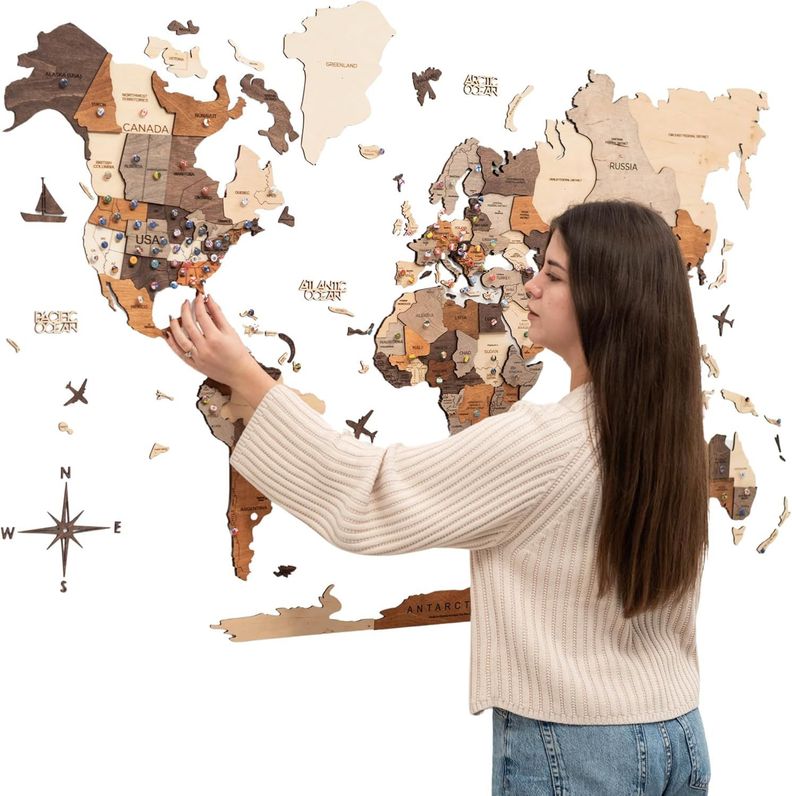 Mapa Del Mundo De Madera 100x60cm Mapa De Pared Para Viaje Beige Natural 0
