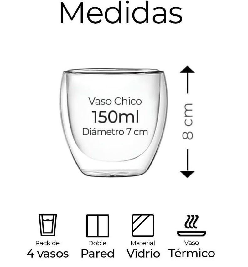SET 4 Tazas Espresso Doble Pared 150ml Frio Caliente Sin Asa TAZA MUG TRANSPARENTE-5