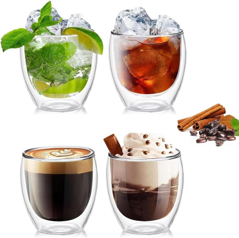 SET 4 Tazas Espresso Doble Pared 150ml Frio Caliente Sin Asa TAZA MUG TRANSPARENTE-7