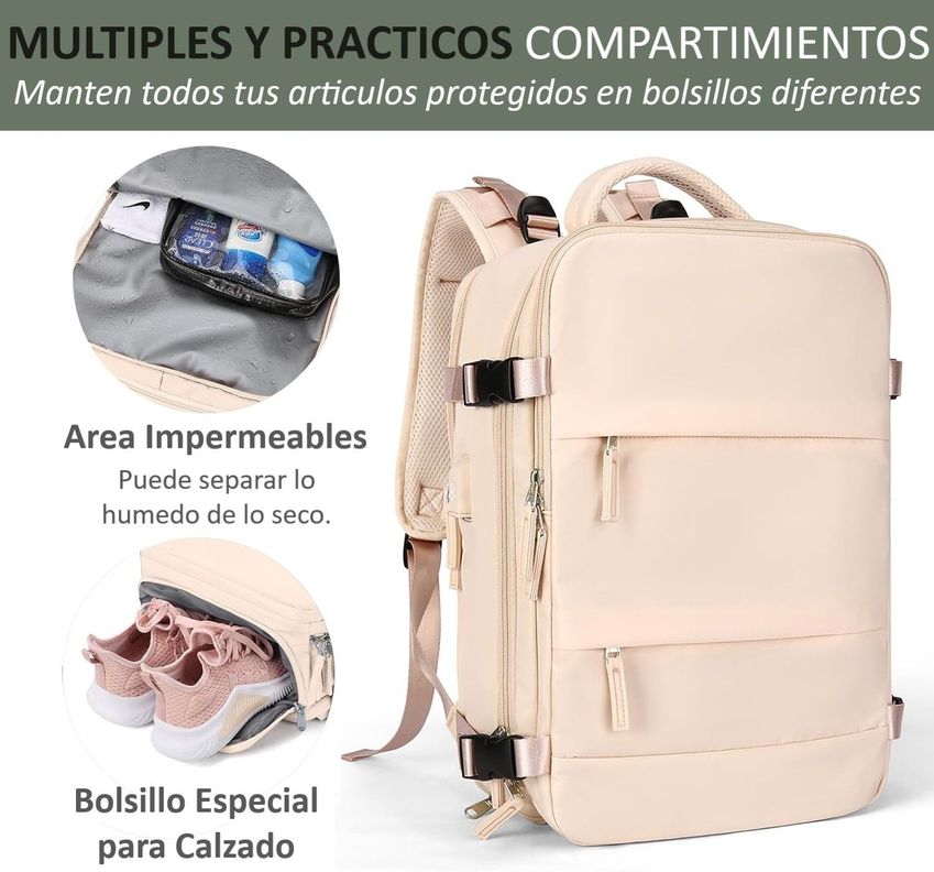 Mochila De Viaje Para Cabina Avión Beige morral Para Notebook Impermeable Compartimiento de zapatos-3
