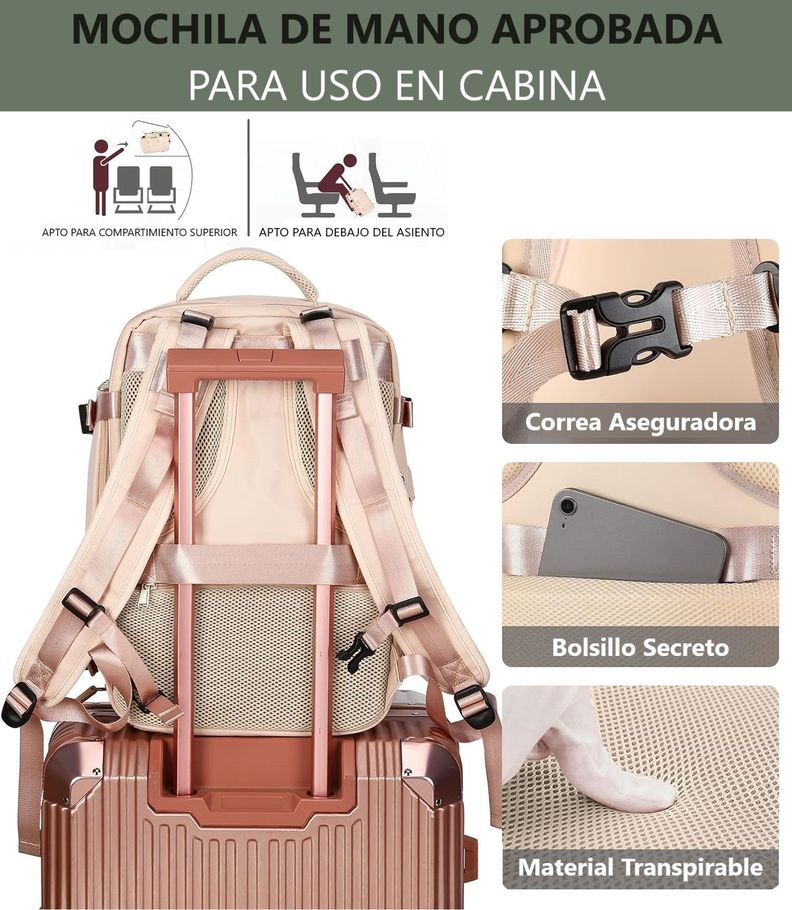 Mochila De Viaje Para Cabina Avión Beige morral Para Notebook Impermeable Compartimiento de zapatos-5