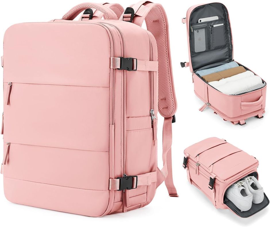 Mochila De Viaje Cabina Avión Impermeable Con Puero Usb Color Rosado-1