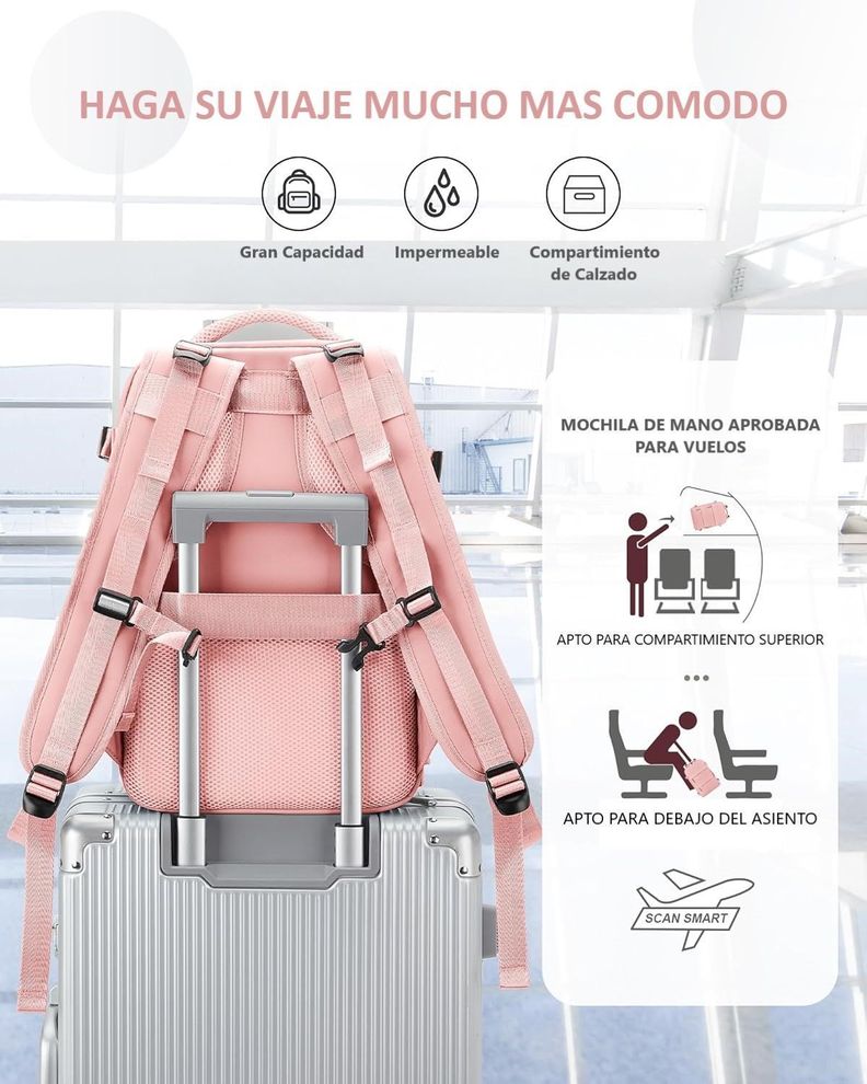 Mochila De Viaje Cabina Avión Impermeable Con Puero Usb Color Rosado-3
