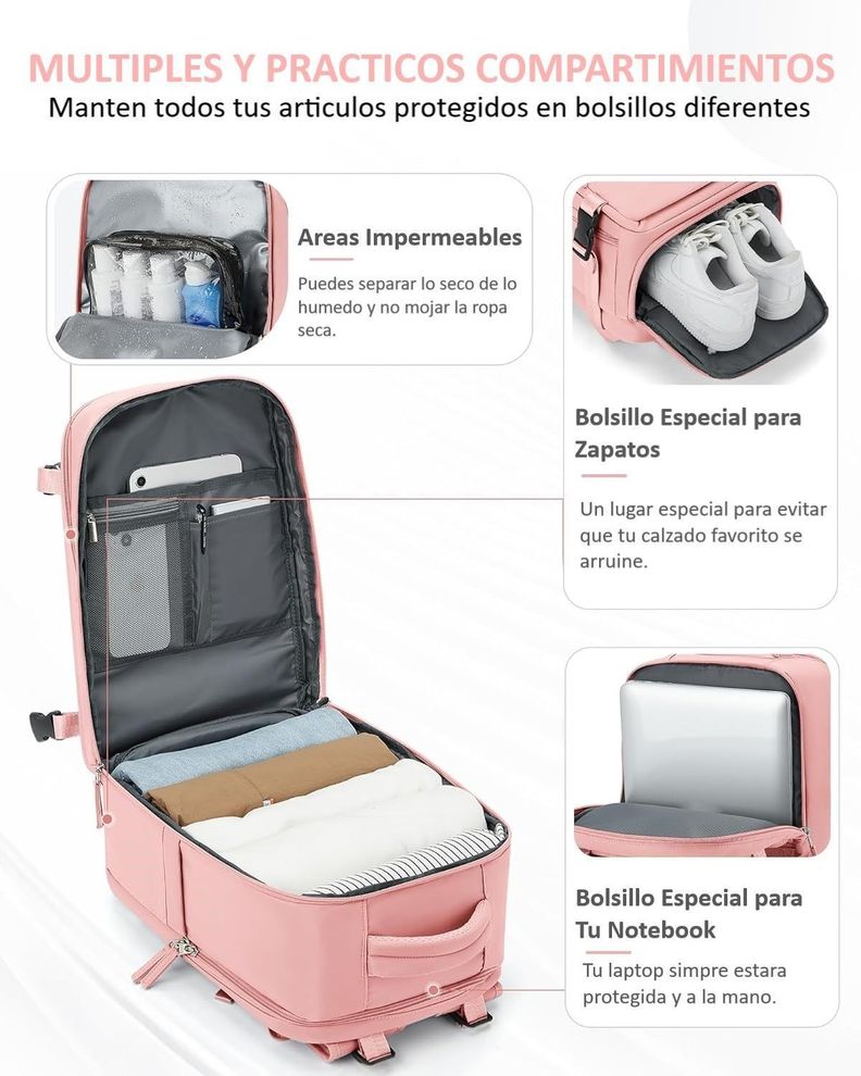 Mochila De Viaje Cabina Avión Impermeable Con Puero Usb Color Rosado-4