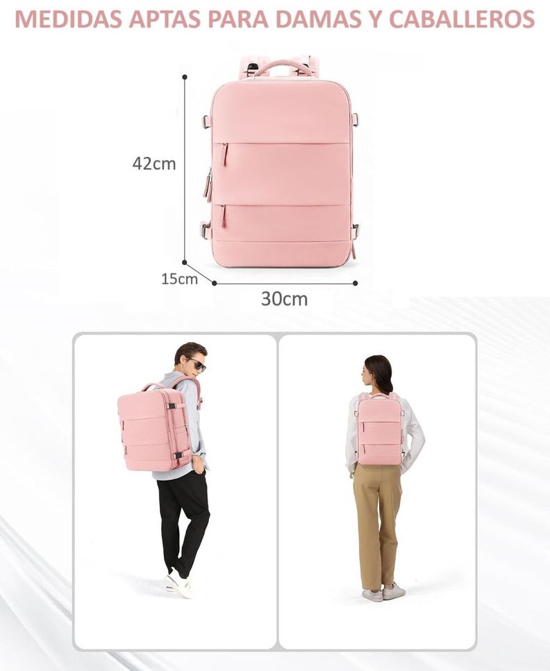 Mochila De Viaje Cabina Avión Impermeable Con Puero Usb Color Rosado-5