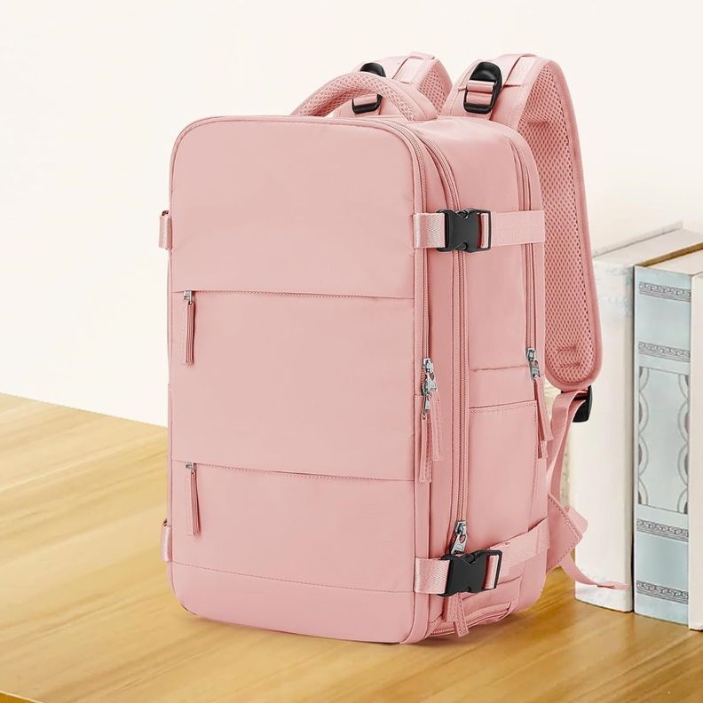 Mochila De Viaje Cabina Avión Impermeable Con Puero Usb Color Rosado-7