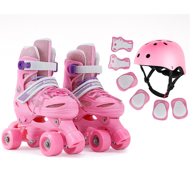 Patines 4 Rueda Rosa Ajustable Para Nina + Kit De Proteccion Rosado XS