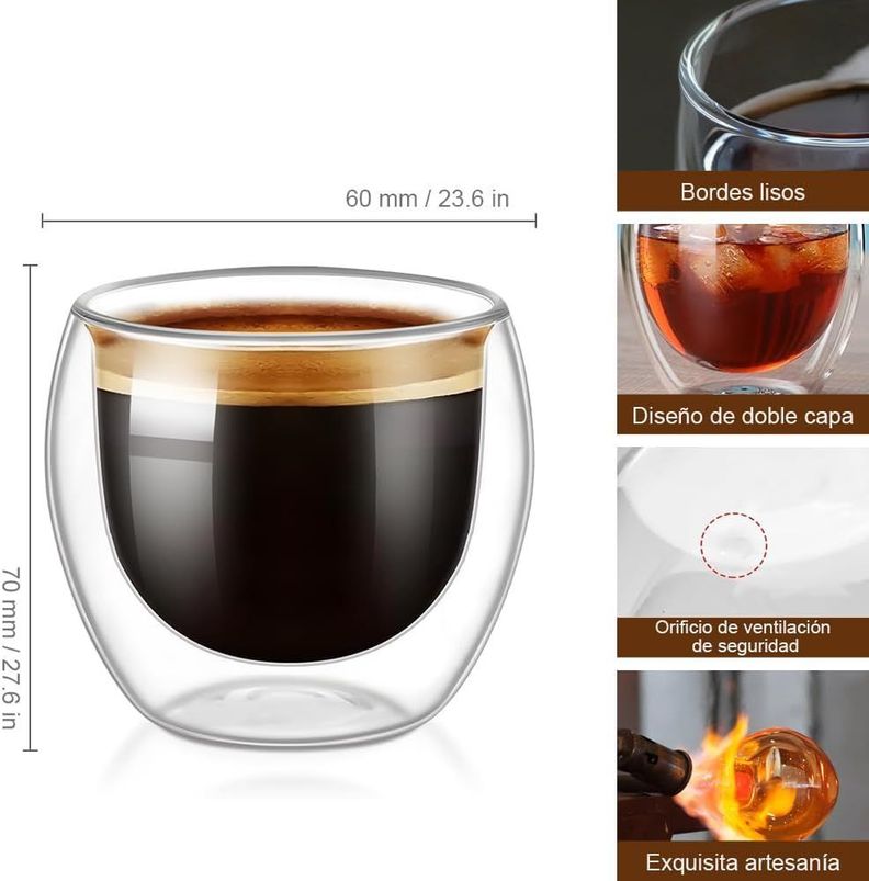 Set 6 Tazas Espresso Doble Pared 80ml Frio Caliente Sin Asa-1
