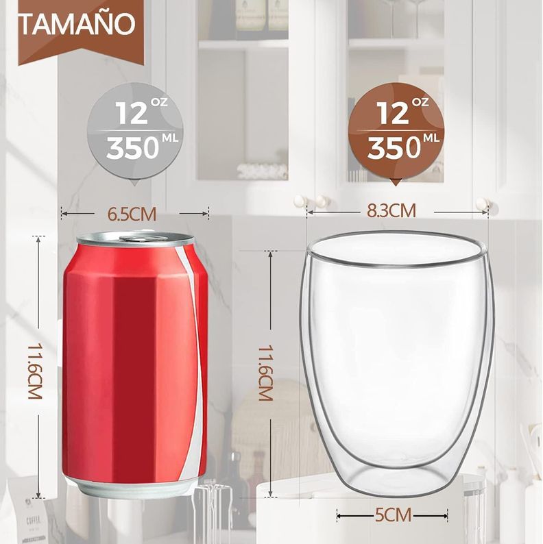 Set 4 Tazas Espresso Doble Pared 350ml Frio Caliente Sin Asa taza mug transparente-6