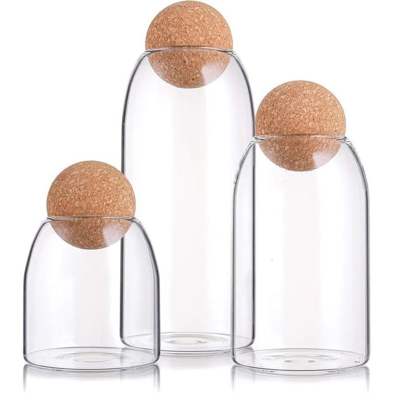 Set 3 tarros de Almacenamiento De Vidrio Con Tapa De Corcho Esférica-1