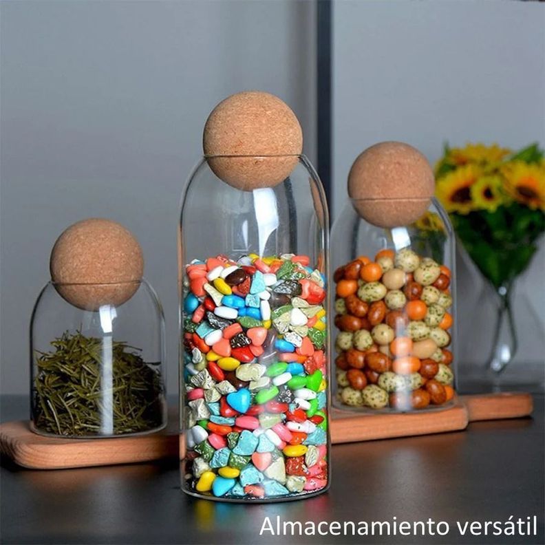 Set 3 tarros de Almacenamiento De Vidrio Con Tapa De Corcho Esférica-3