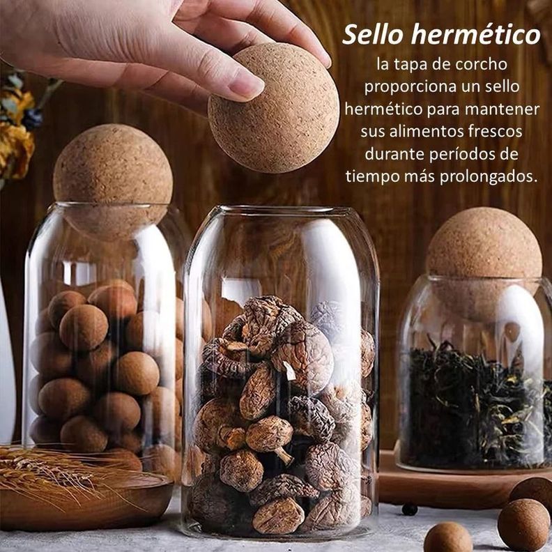 Set 3 tarros de Almacenamiento De Vidrio Con Tapa De Corcho Esférica-4
