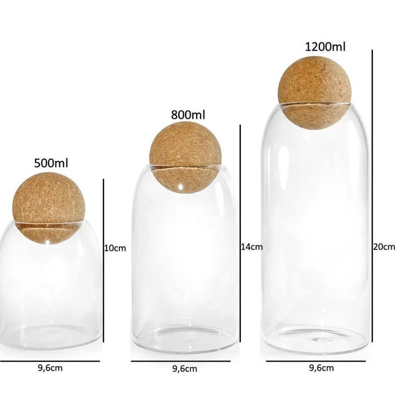 Set 3 tarros de Almacenamiento De Vidrio Con Tapa De Corcho Esférica-6