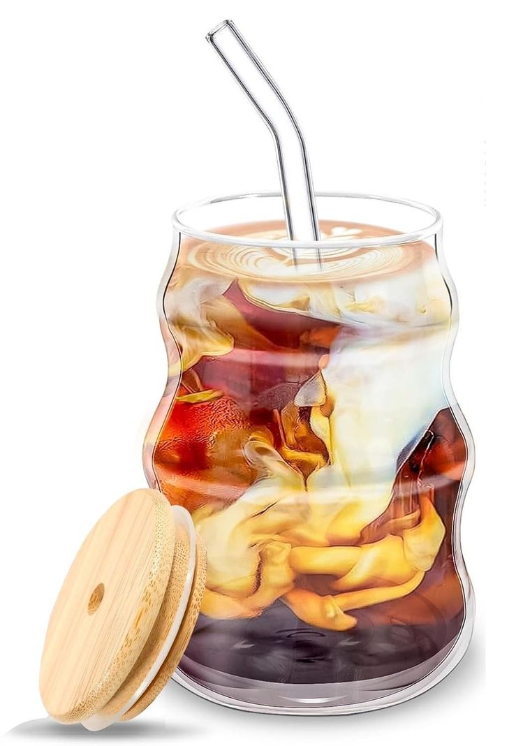 Vaso Lata De Vidrio Ondulado 400ml Con Tapa Bamb Y Bombilla