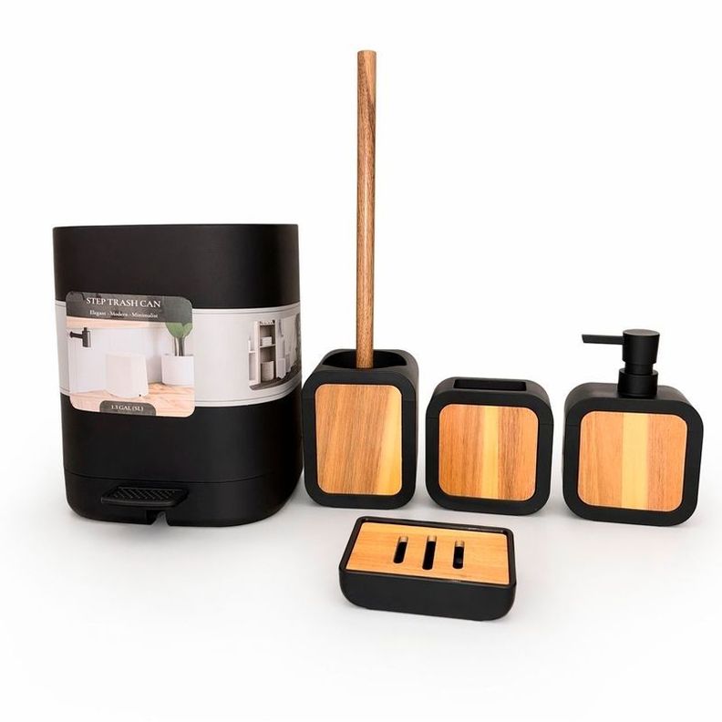 Set De 5 Accesorios Para Ba o Con Tapa De Bambu Papelera Wc