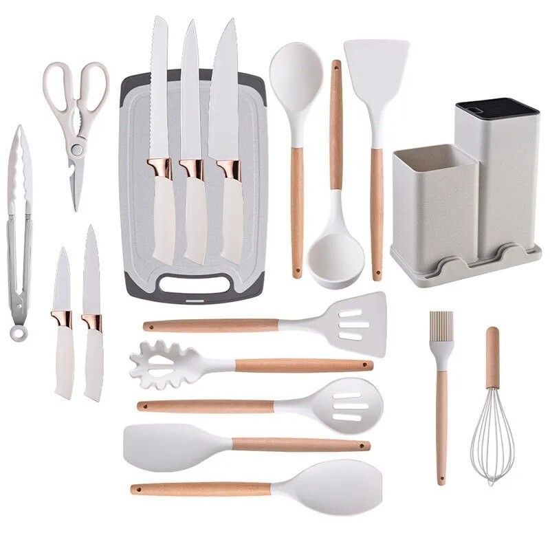 Utensilios De Cocina Antiadherentes De Silicona 19 Pcs Con Tabla De Picar Color Blanco-1