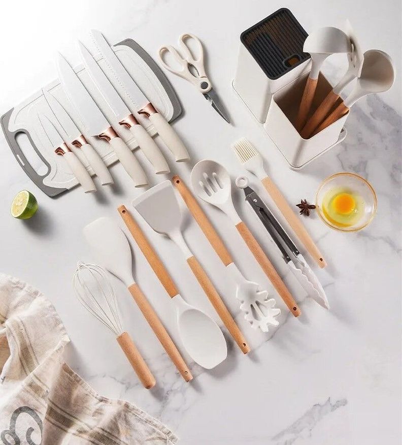 Utensilios De Cocina Antiadherentes De Silicona 19 Pcs Con Tabla De Picar Color Blanco-2
