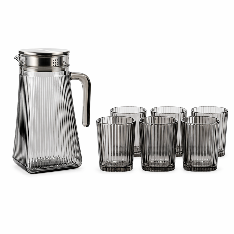 Jarra De Vidrio Moderna Con Tapa Y 6 Vasos Dise o Acanalado