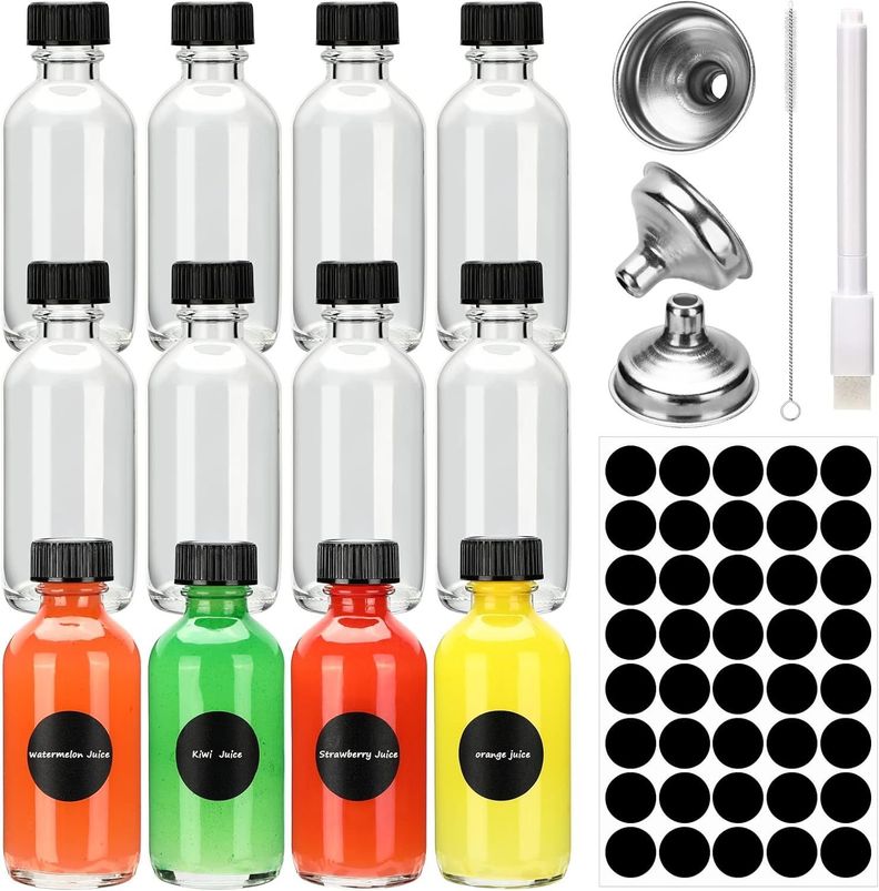 12 Botellas De Vidrio 60ml Para Shots De Bebidas + Etiquetas Transparente 0
