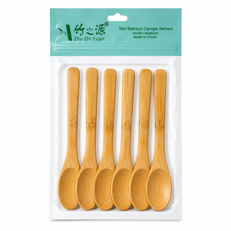 Set 6 Cucharas Bambu Natural Reutilizable Cucharita Salsas Beige