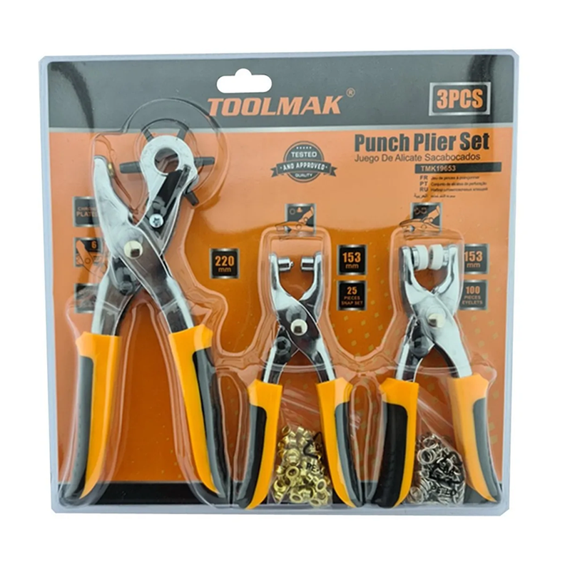 Set Alicates Sacabocado 3 Pieza Prensas Ojetillos Toolmak-0
