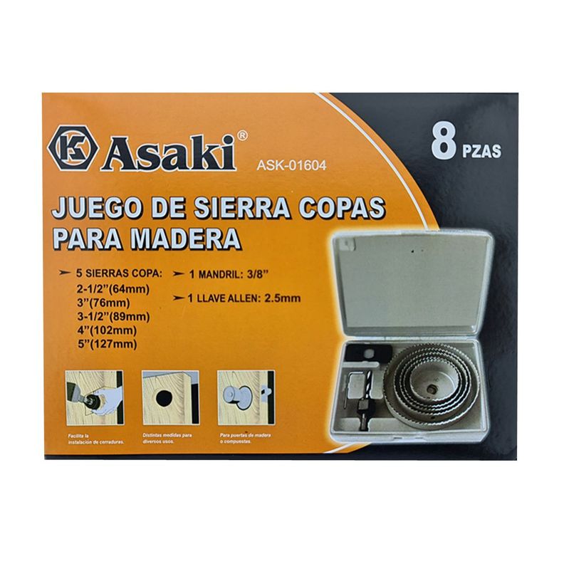 Juego Hoja Broca Sierra Copa Para Madera 8 Piezas Asaki Ask01604-3