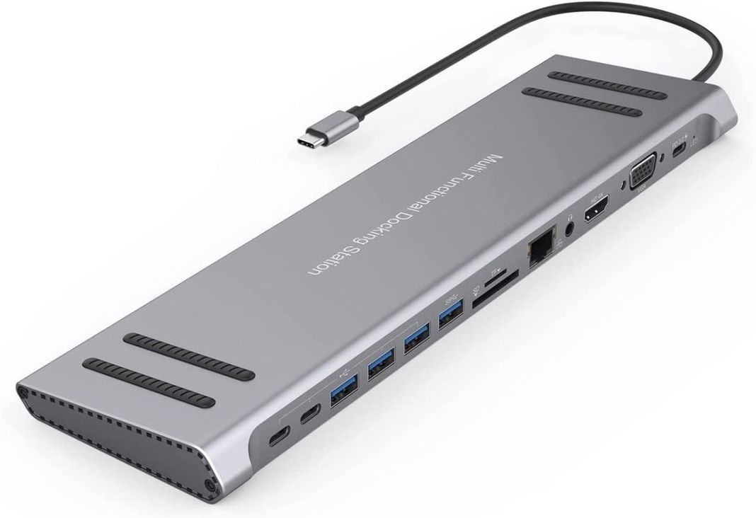 Hub USB-C 14 en 1 con Carga Rapida y Ethernet Gris