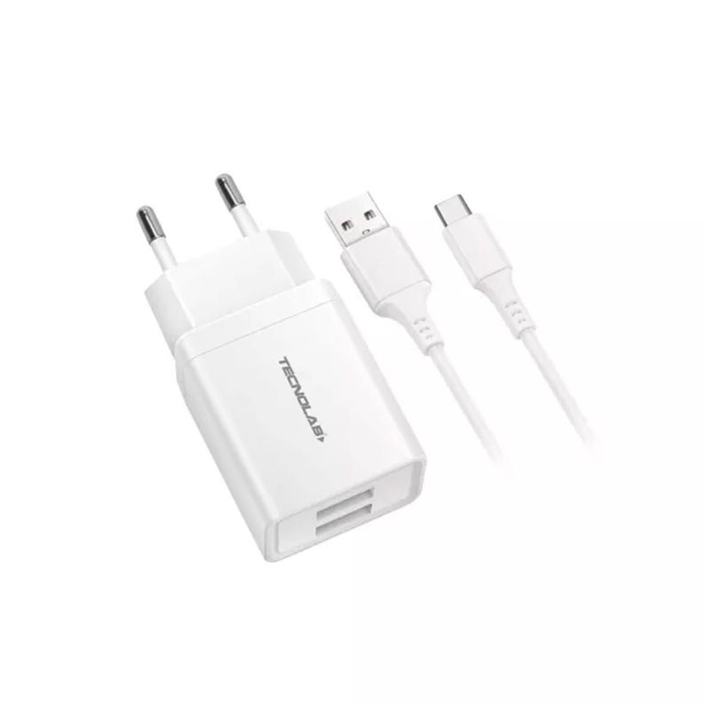 CARGADOR CELULAR 2.1A - 2 USB CON CABLE TIPO C - WHITE TL463-1