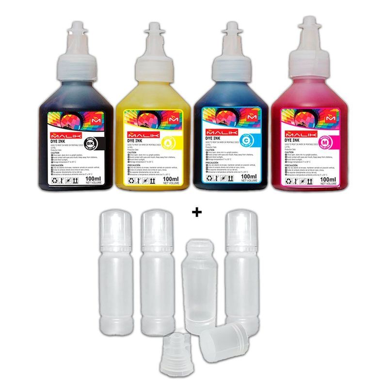 Pack 4 Tintas + 4 Botellas vacias para Epsn E/tank L3110 Surtido